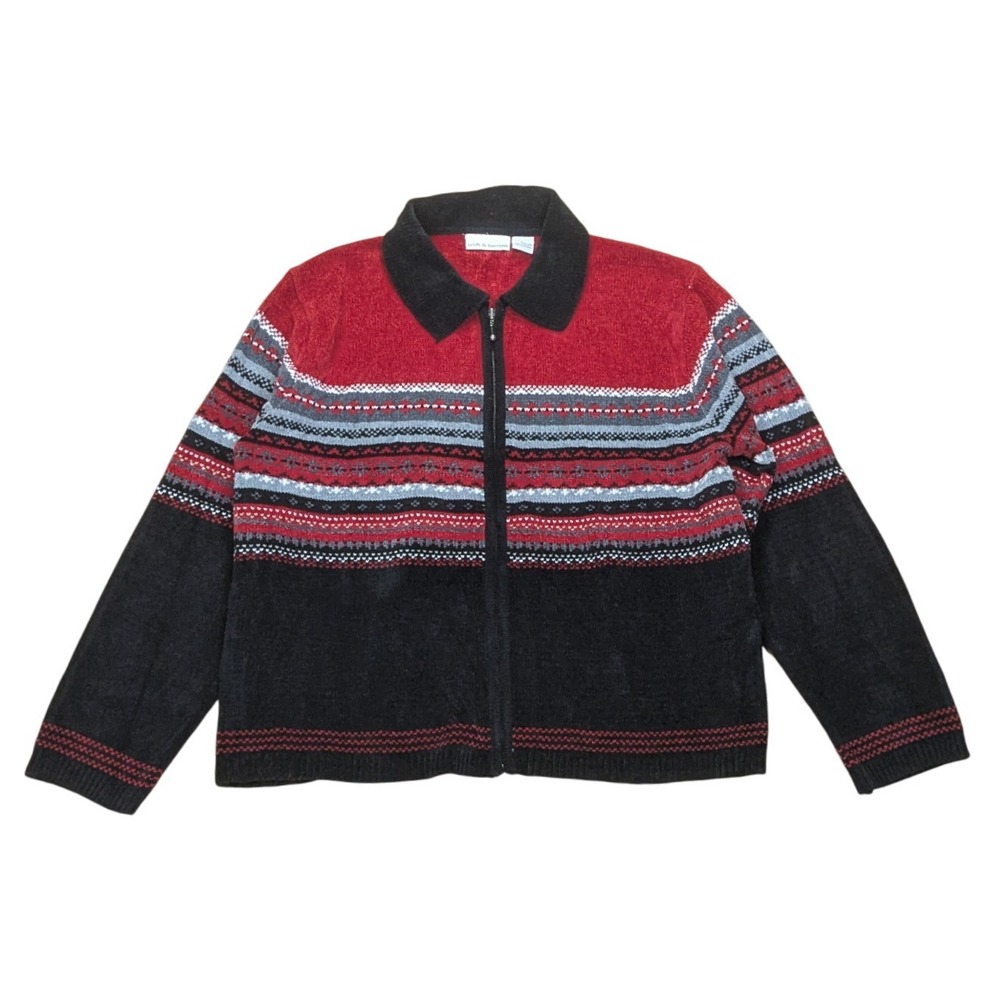 Croft & Barrow Cardigan Sweater Zip Up Red Fair Isle Faux Fur Collar Women's XL